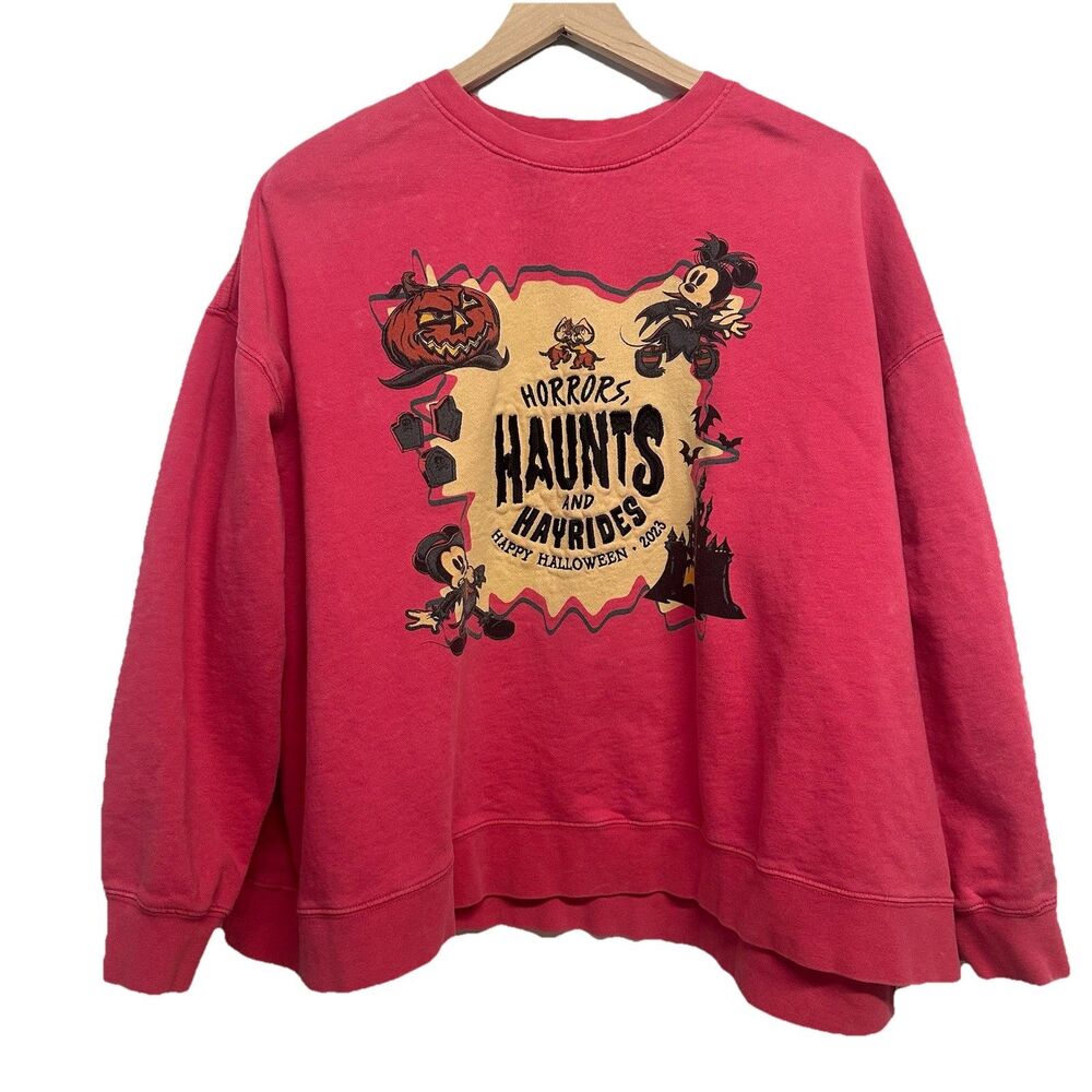 Disney XL Women's Pink Pullover Sweatshirt Halloween Graphic Mickey ChipDale 1X